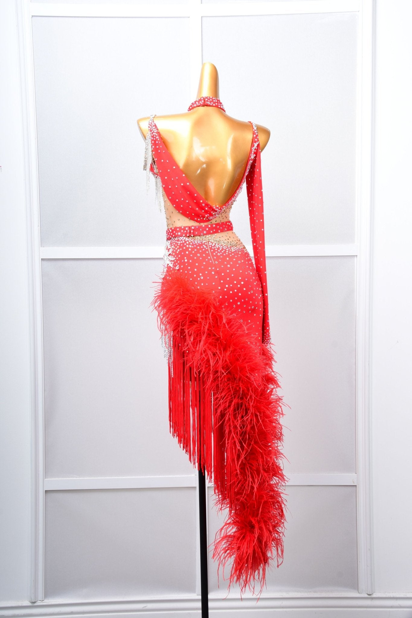 One - shoulder Ostrich Feather Crystalline Latin Dress Latin/Rhythm 