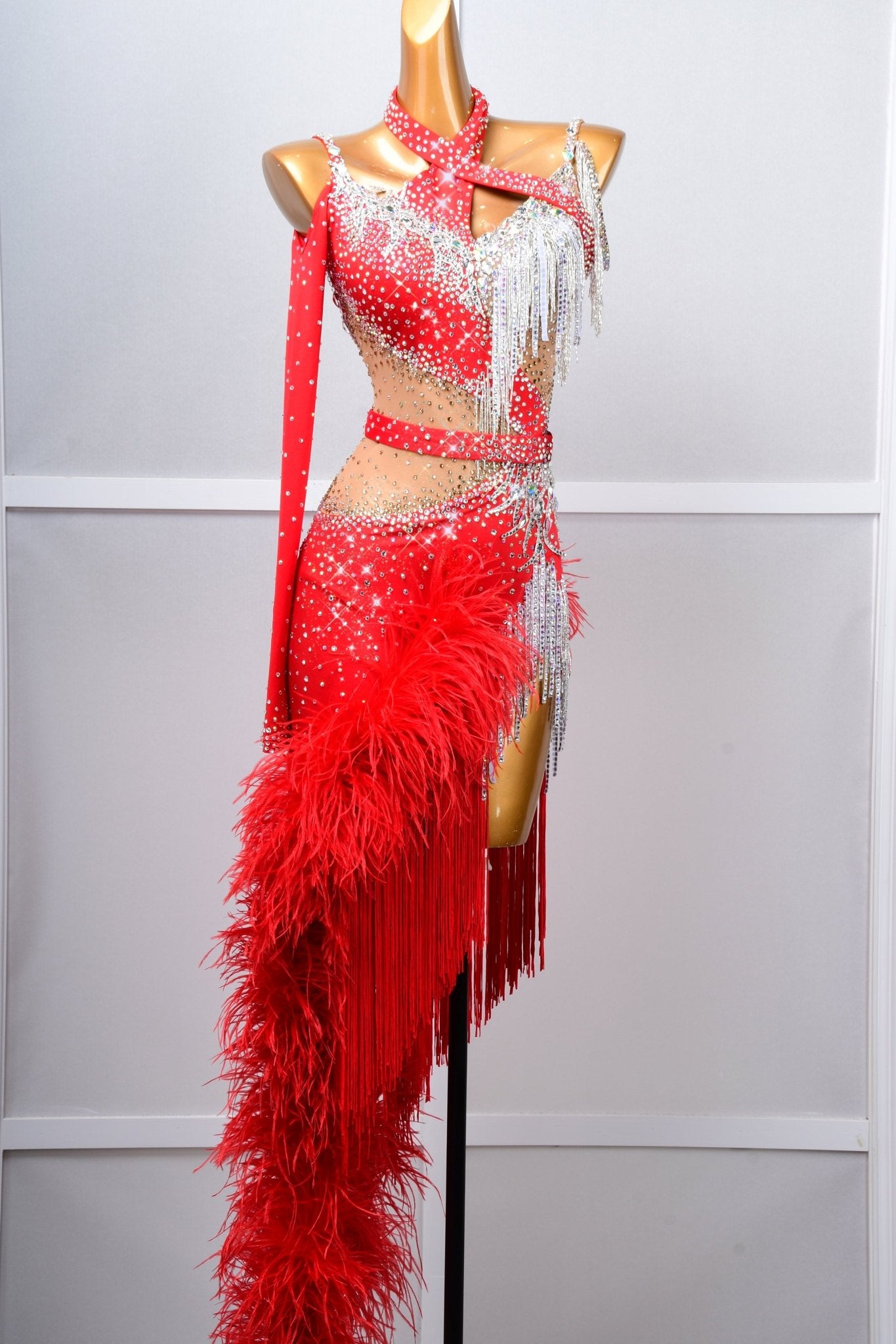One - shoulder Ostrich Feather Crystalline Latin Dress Latin/Rhythm 