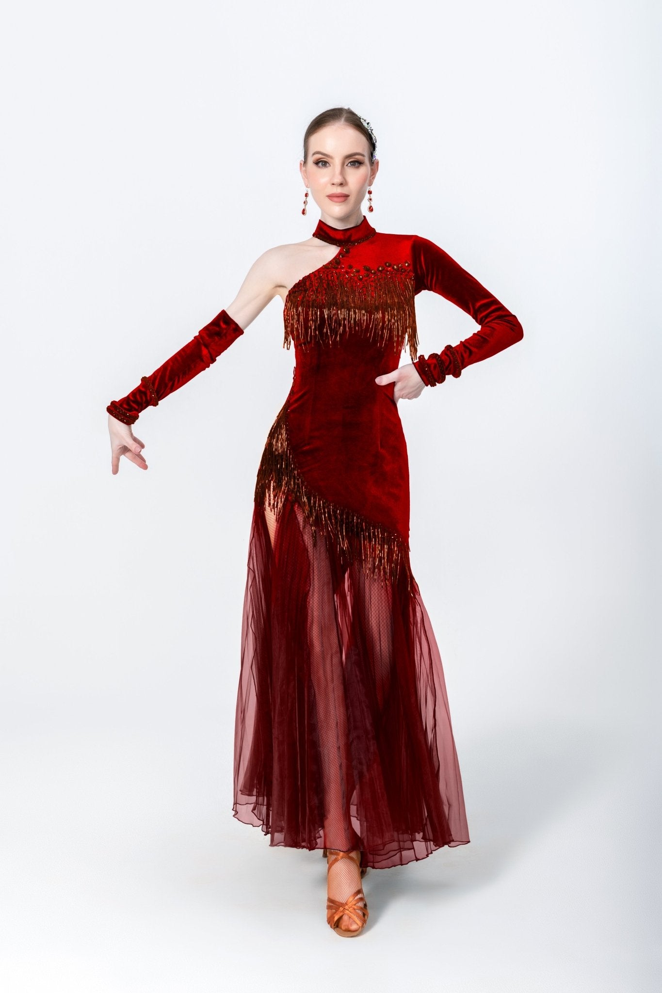 One - sleeve Pleated Skirt Crystalline Smooth Dress Latin/Rhythm 