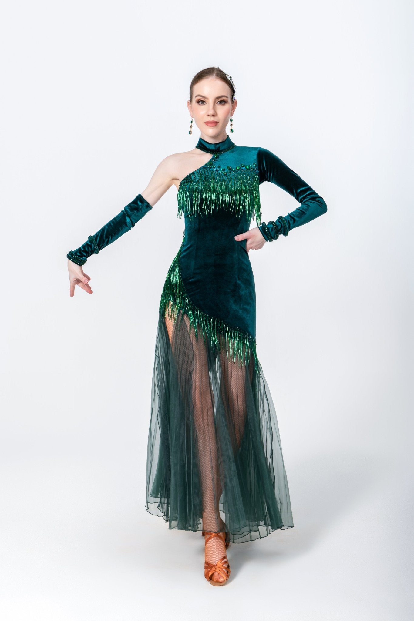 One - sleeve Pleated Skirt Crystalline Smooth Dress Latin/Rhythm 