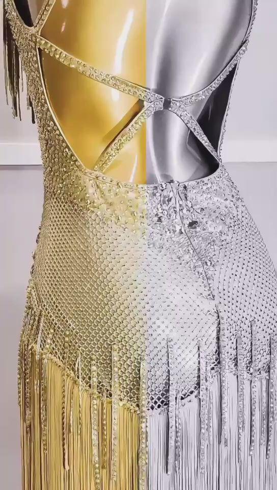 gold fringe dance dress Ready-made On Clearance Chrisanne Shine Lycra Crystalline Latin – Unika Dancewear gatsby fringe dress